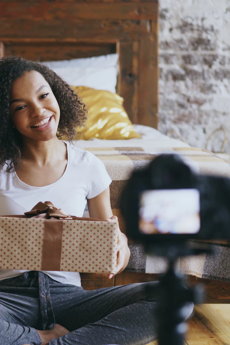 A creator holding a product up to camera to unbox it.