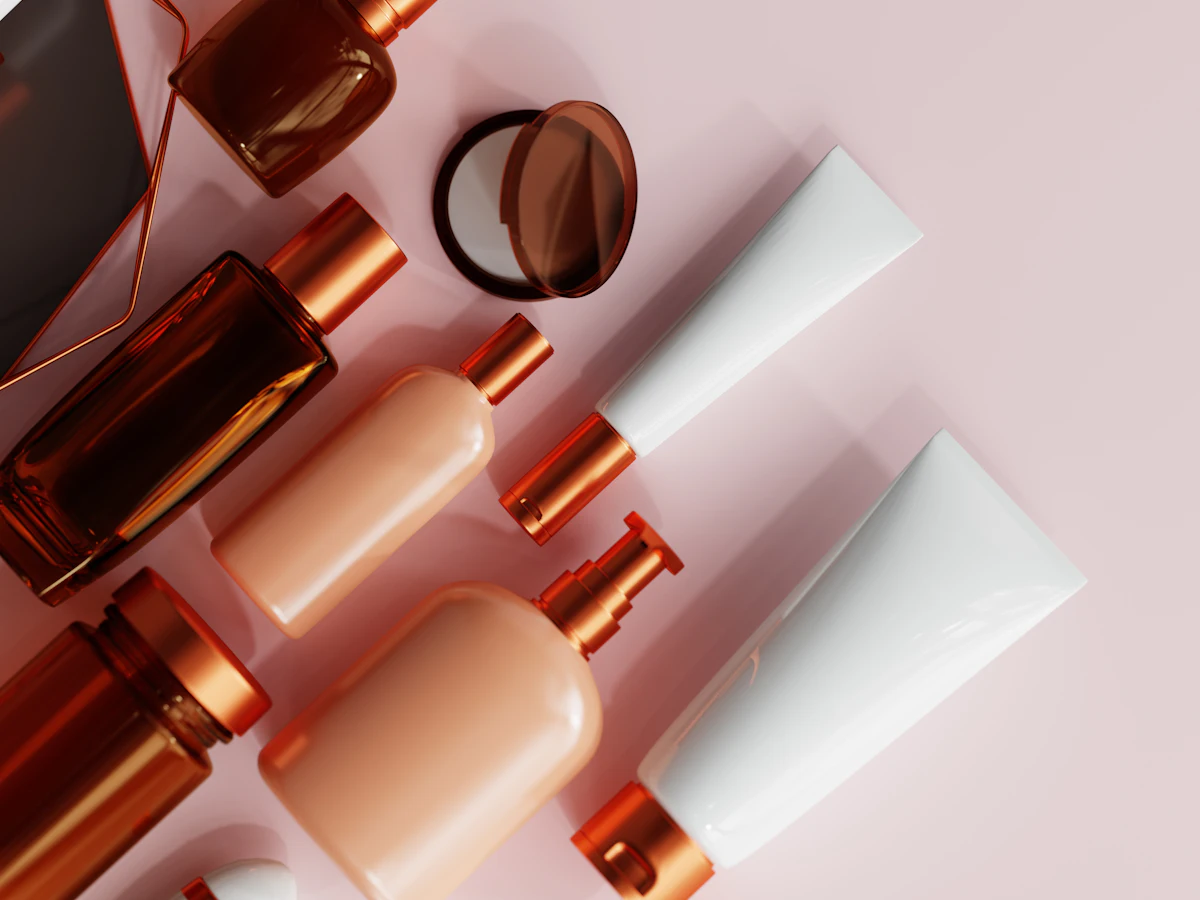 Beauty products arranged for a product shoot.