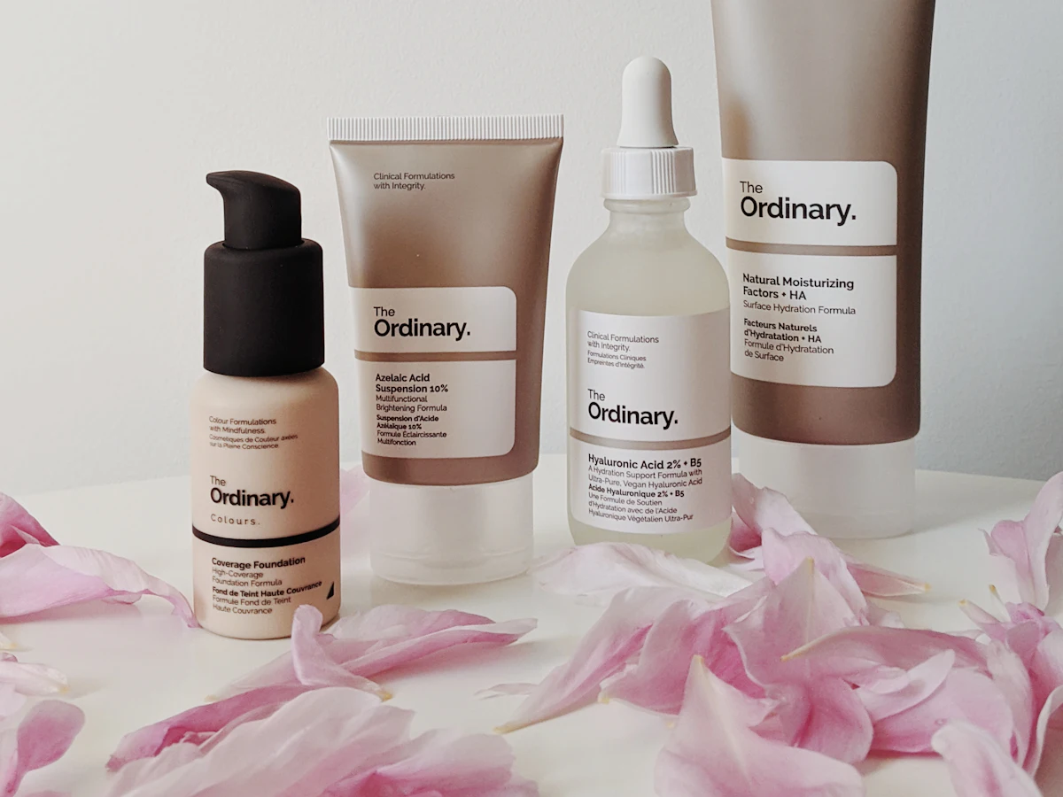Skincare bottles styled for content.